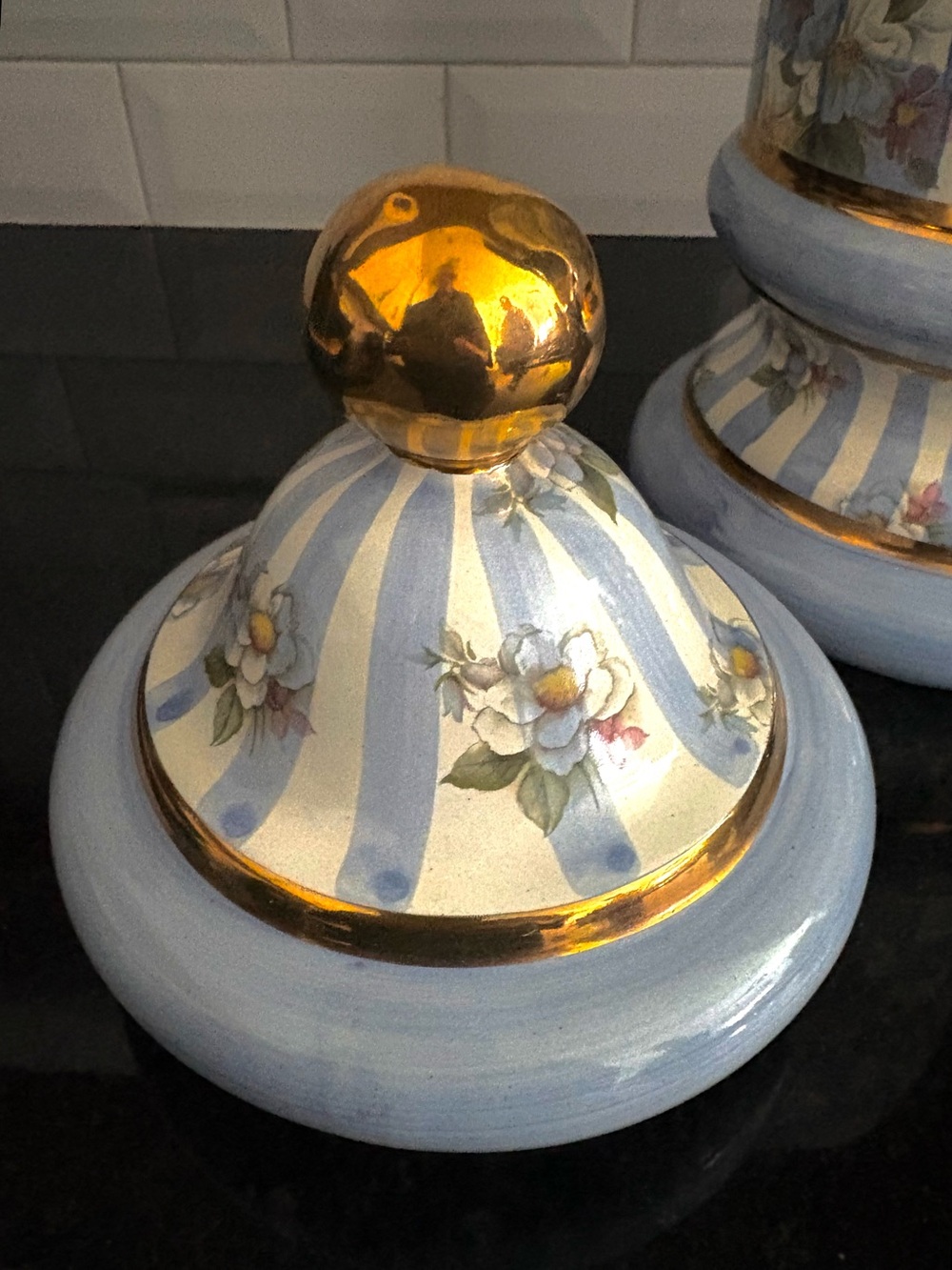 Mackenzie Childs Honeymoon Blue & White Floral Check Ceramic Jar with Gold Trim - Picture 3 of 8